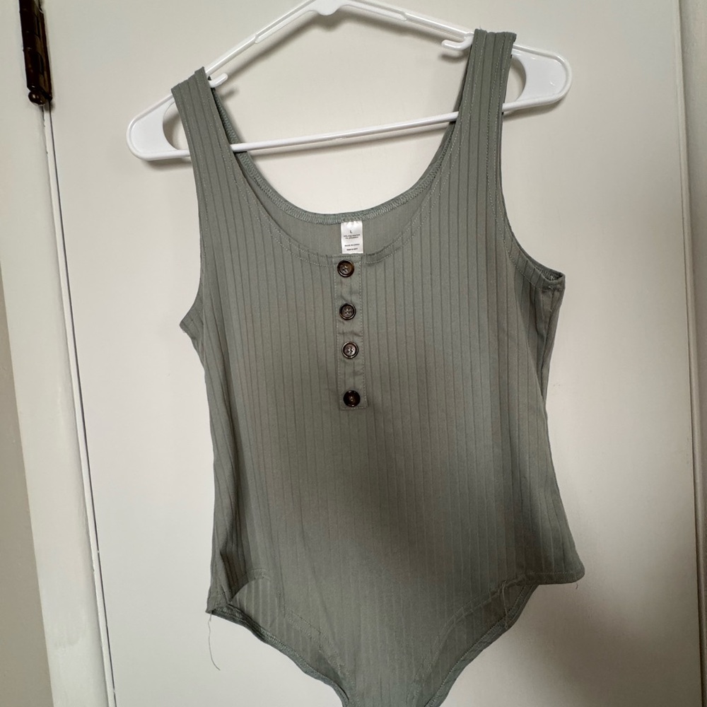 Green Ribbed Fake Button-Front Bodysuit